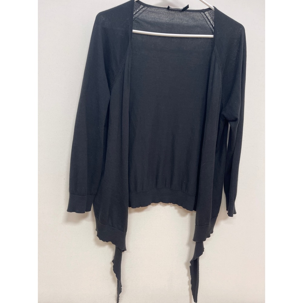 The Limited Black Open Front Tie Cardigan Sweater Large Pointelle Knit Layering